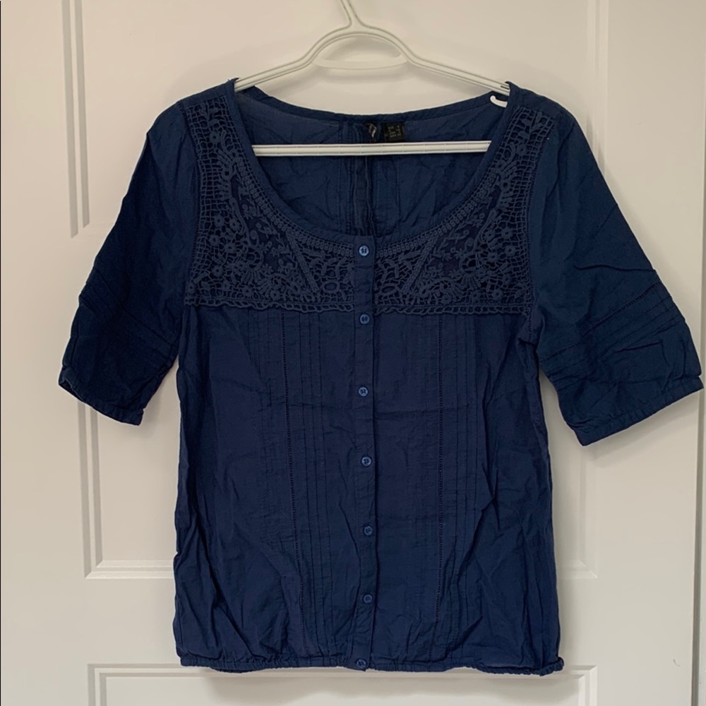 Women's Blue Cotton Lace Detail Top